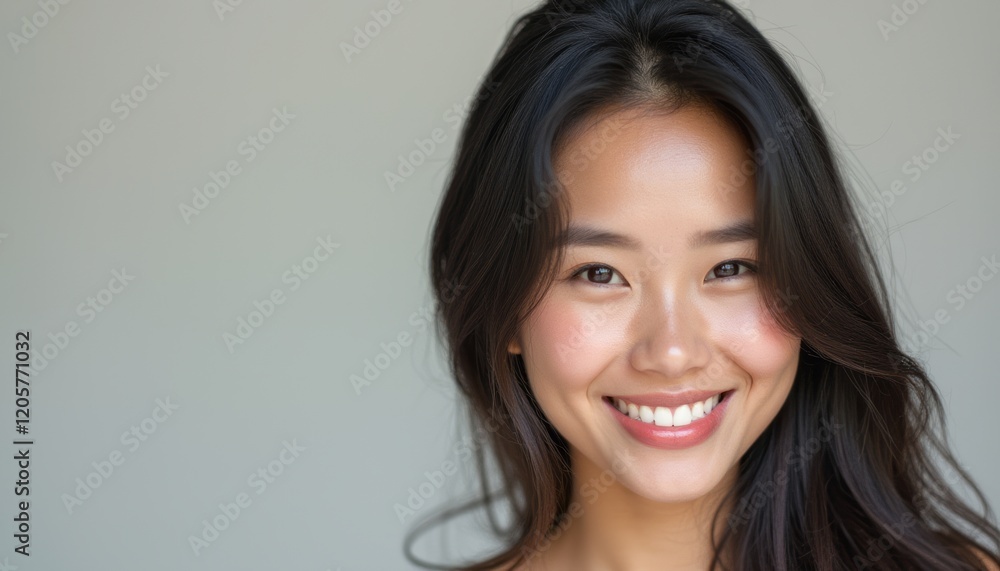 A beautiful young woman with long, flowing dark hair beams with a warm and inviting smile against a soft, neutral background. Her joyful expression radiates positivity and confidence, making this A beautiful young woman with long, flowing dark hair beams with a warm and inviting smile against a soft, neutral background. Her joyful expression radiates positivity and confidence, making this