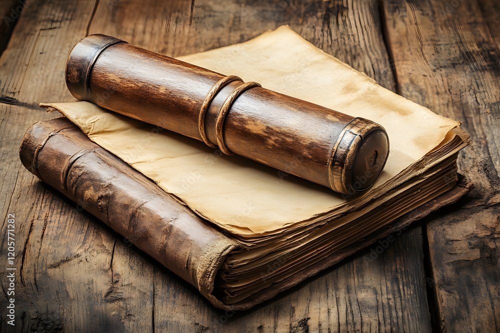 Antique Scrolls and Manuscripts on Wooden Table,Educational and Academic Background Antique Scrolls and Manuscripts on Wooden Table,Educational and Academic Background