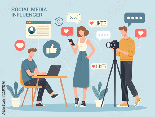 Flat vector illustration of a social media influencer team creating content, featuring a woman with a phone, a photographer, and a man working on a laptop, surrounded by social media icons.