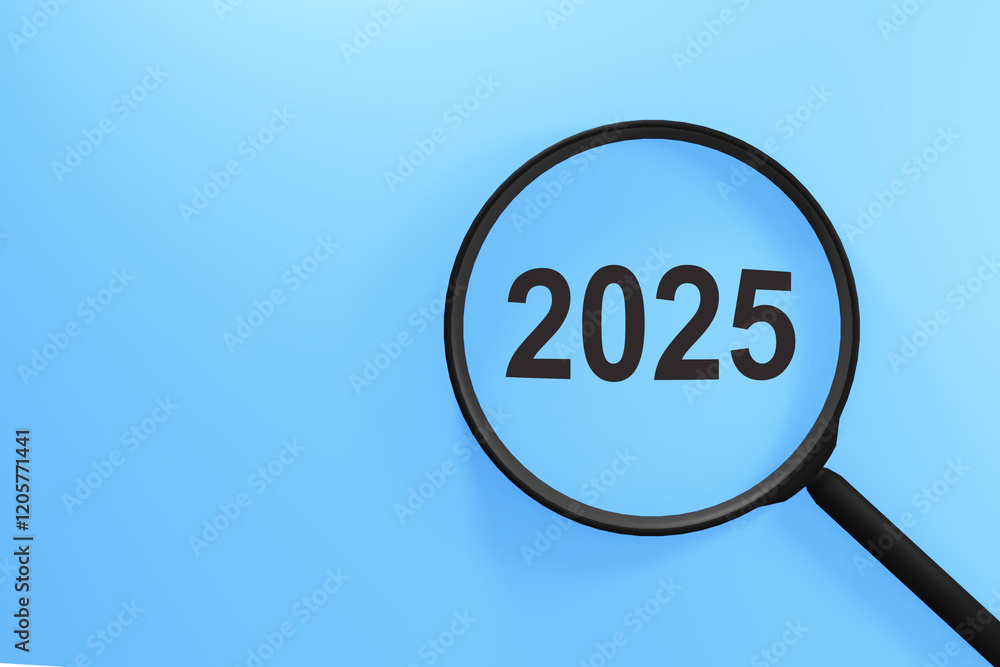 Exploring New Year 2025 Celebration Concepts With a Magnifying Glass on a Light Blue Background Exploring New Year 2025 Celebration Concepts With a Magnifying Glass on a Light Blue Background