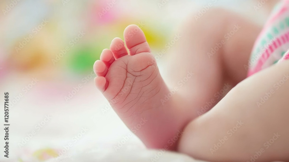 Naklejka premium Baby's foot resting on a soft surface surrounded by colorful toys.