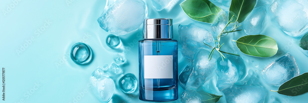 Refreshing blue perfume bottle on ice. Cool, summer fragrance. Refreshing blue perfume bottle on ice. Cool, summer fragrance.
