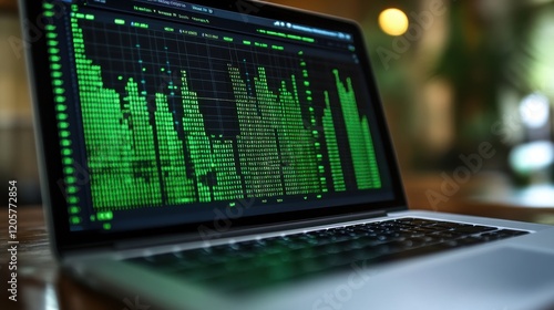 Data Analysis on Laptop with Green Graphs in a Modern Office Setting