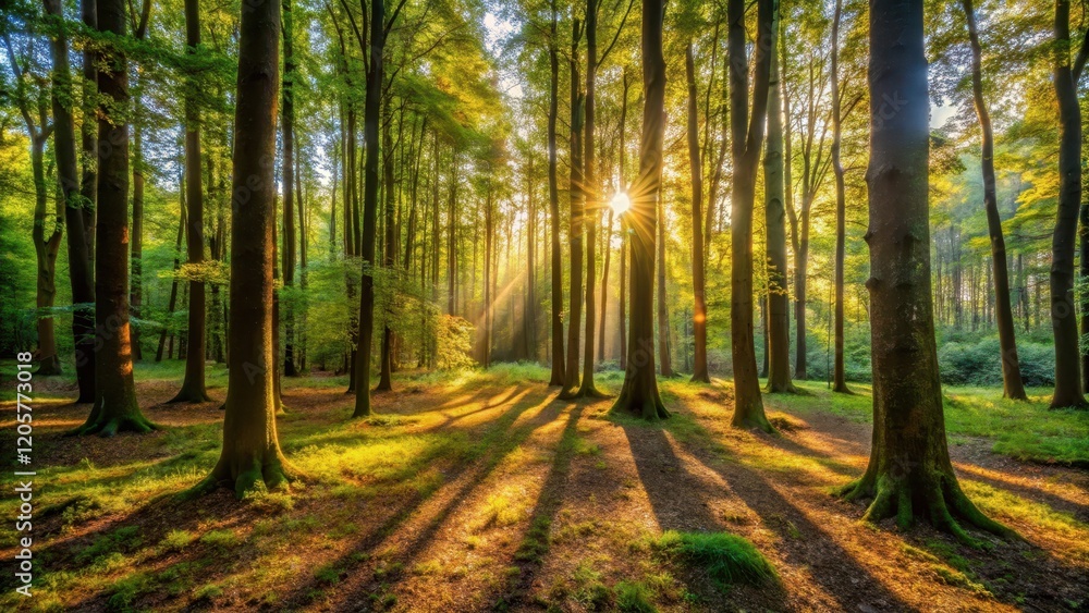 Obraz premium Warm sunlight casts dappled shadows on forest floor amidst tall trees and dense foliage