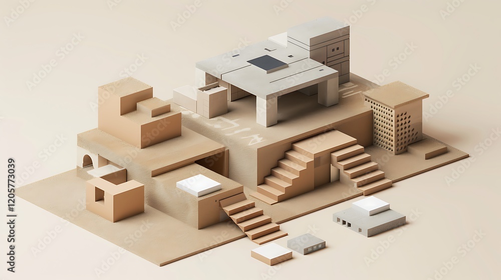Fototapeta premium Modern isometric composite materials construction with layered textures, bold structural elements, and innovative architectural design