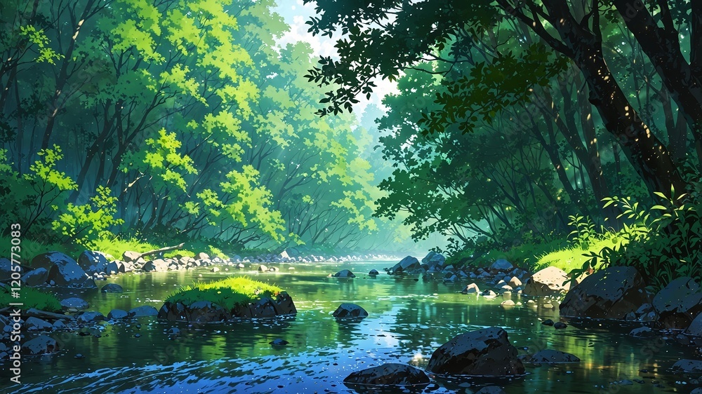 Obraz premium serene river with lush greenery and misty atmosphere, anime style