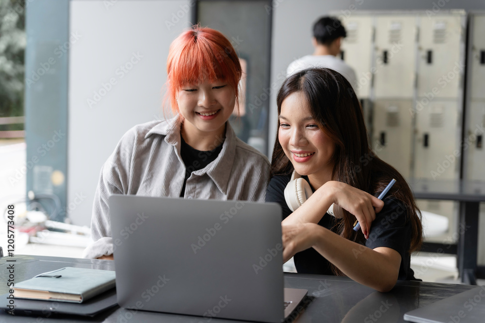 Two happy asian female students using laptop computer, studying and learning together in university library Two happy asian female students using laptop computer, studying and learning together in university library