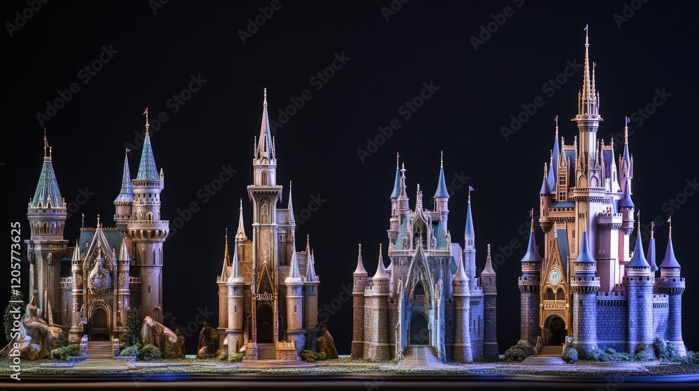 Obraz premium Three whimsical fairy-tale castle models in varying styles,