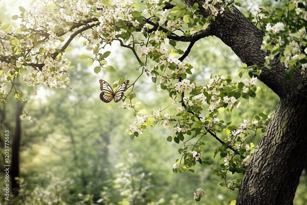 Fototapeta premium Spring themed background with a tree trunk and flowers providing a frame for copy space.
