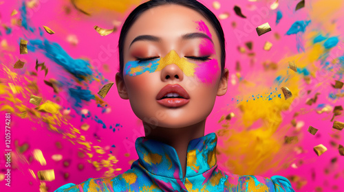 Vibrant portrait of a young Asian woman with colorful paint on her face, surrounded by confetti.
