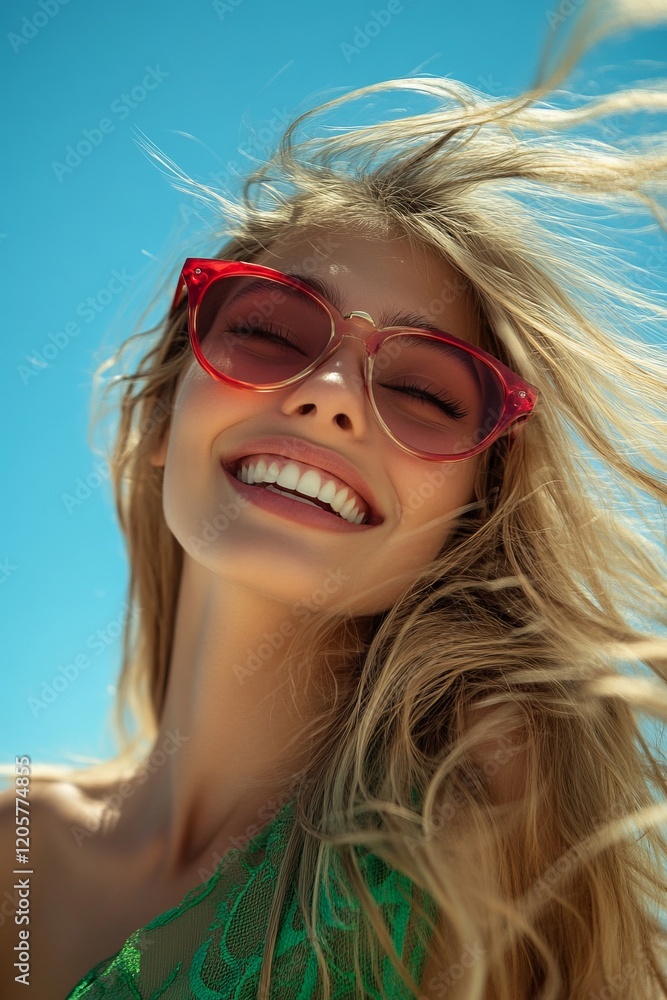 Bright summer day at the beach brings joyful smiles, showcasing carefree moments and radiant beauty under the blue sky Bright summer day at the beach brings joyful smiles, showcasing carefree moments and radiant beauty under the blue sky