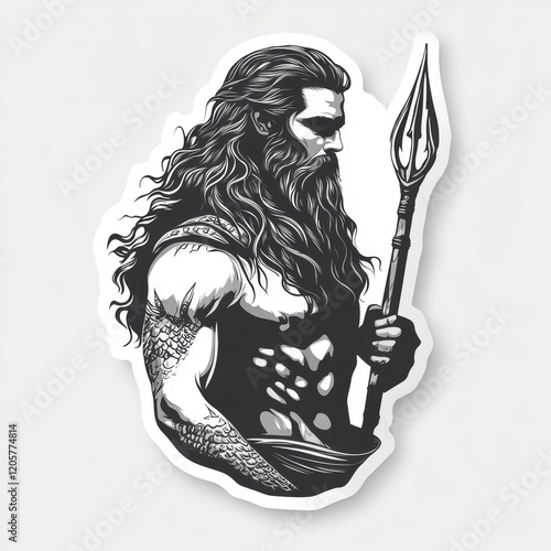 A stylized black and white vector illustration of a formidable warrior figure holding a trident, with intricate details and strong lines. photo