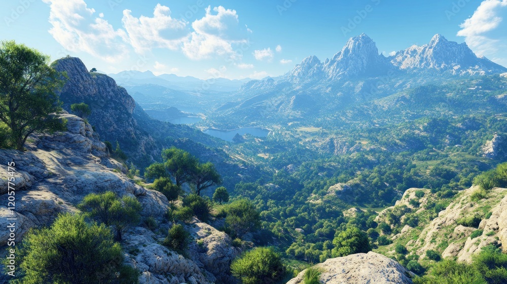 Fototapeta premium Mountain vista, valley, sunny day, scenic overlook, travel poster