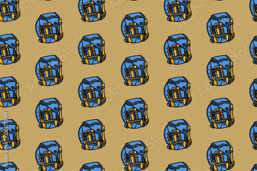 backpack with survival tools colorful doodle seamless pattern on brown background. retro backpack background. backpack illustration wallpaper. pattern background with outdoor backpack for adventure