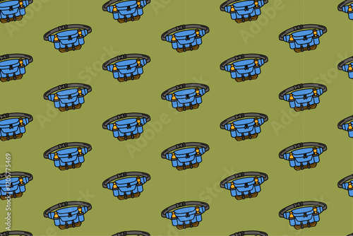 waist bag with rope, flashlight, tumbler colorful doodle seamless pattern on green background. retro waist bag background. waist bag illustration wallpaper. pattern background waist bag for adventure