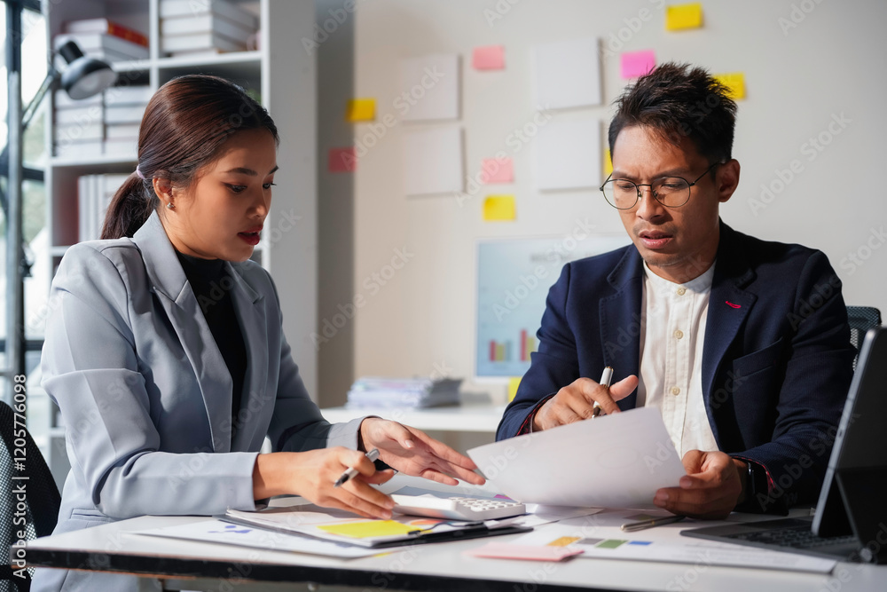 Two asian professionals analyzing paperwork and discussing company strategy in modern office Two asian professionals analyzing paperwork and discussing company strategy in modern office