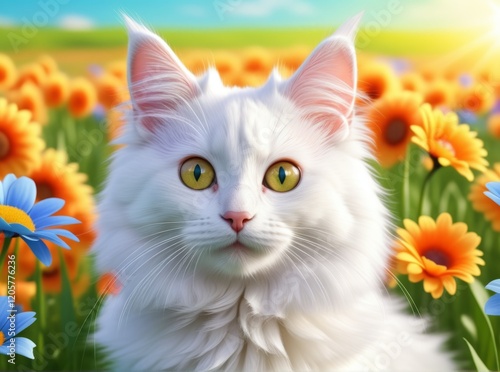 White cat with golden eyes posing in a vibrant flower field during a sunny afternoon