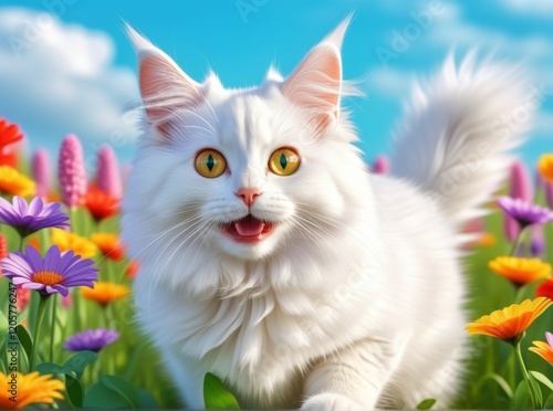 White fluffy cat exploring a vibrant flower field on a sunny day, radiating joy and playfulness in nature photo