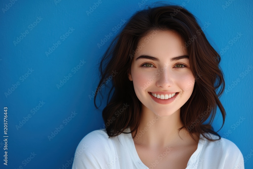 Smiling brightly, a Caucasian woman in a white shirt poses confidently against a turquoise backdrop, highlighting her charm and beauty. Smiling brightly, a Caucasian woman in a white shirt poses confidently against a turquoise backdrop, highlighting her charm and beauty.