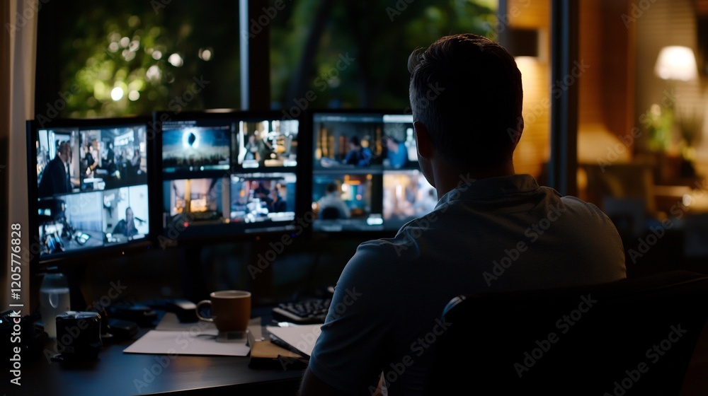 Night Video Editor Working on Multiple Screens Night Video Editor Working on Multiple Screens