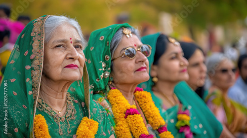 Artalika Teej, A vibrant image of women dressed in green sarees, showcasing cultural attire and unity, ideal for themes of celebration and traditional fashion. photo