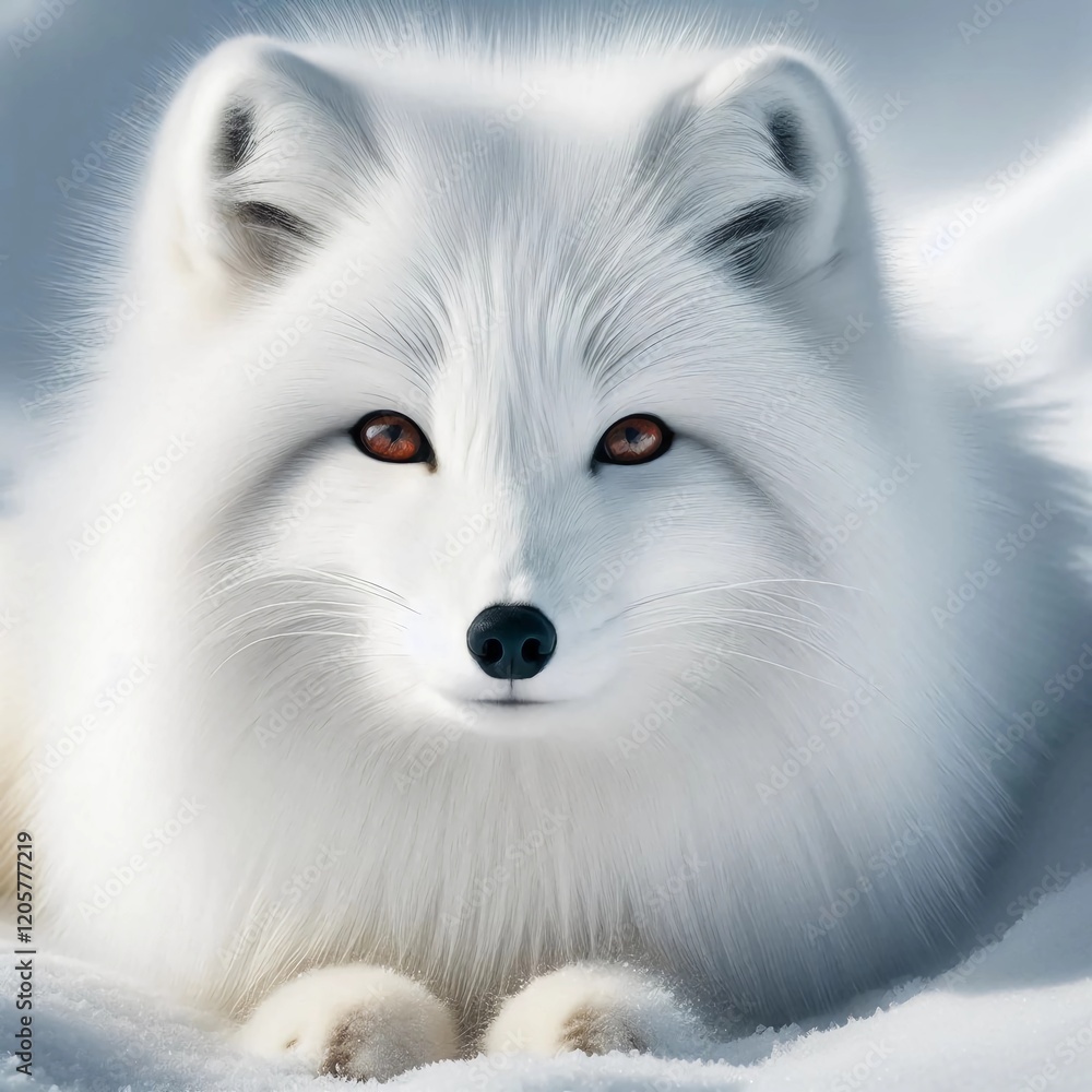 Close-up of an arctic fox with detailed white fur against a snowy background. Close-up of an arctic fox with detailed white fur against a snowy background.