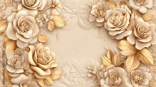 Timeless floral wallpaper with golden ornamental details on a muted pastel tone