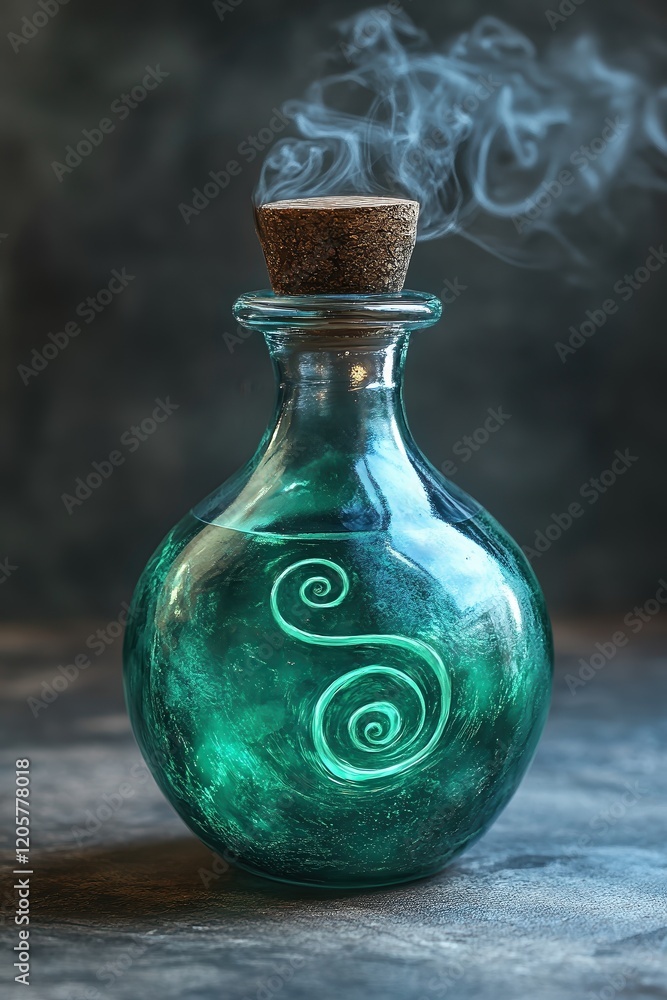 Potion bottle with emerald green liquid swirling inside, sealed with wax and emitting spiraling vapor. Mystical design symbolizes magic, mystery, and wonder. Potion bottle with emerald green liquid swirling inside, sealed with wax and emitting spiraling vapor. Mystical design symbolizes magic, mystery, and wonder.