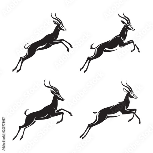 Antelope in Mid-Leap silhouettes in black color bold simple and cleaner vector