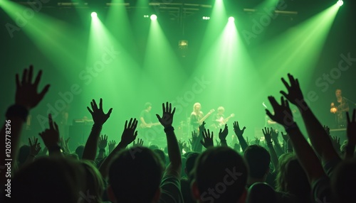 A vibrant crowd with hands raised in excitement fills the foreground, illuminated by striking green stage lights. The atmosphere is electric, capturing the joy and connection of live music as the band