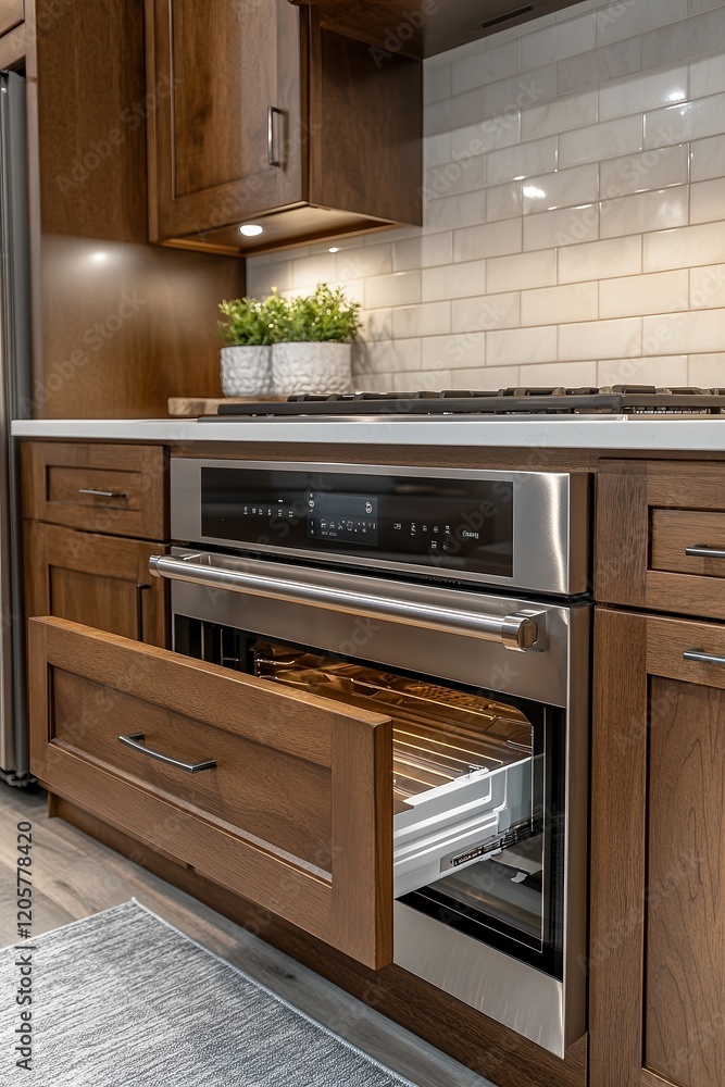 Fototapeta premium Senior-friendly kitchen with pull-out shelves, side-opening oven, and induction cooktops. Designed for accessibility, convenience, and safety in daily use.