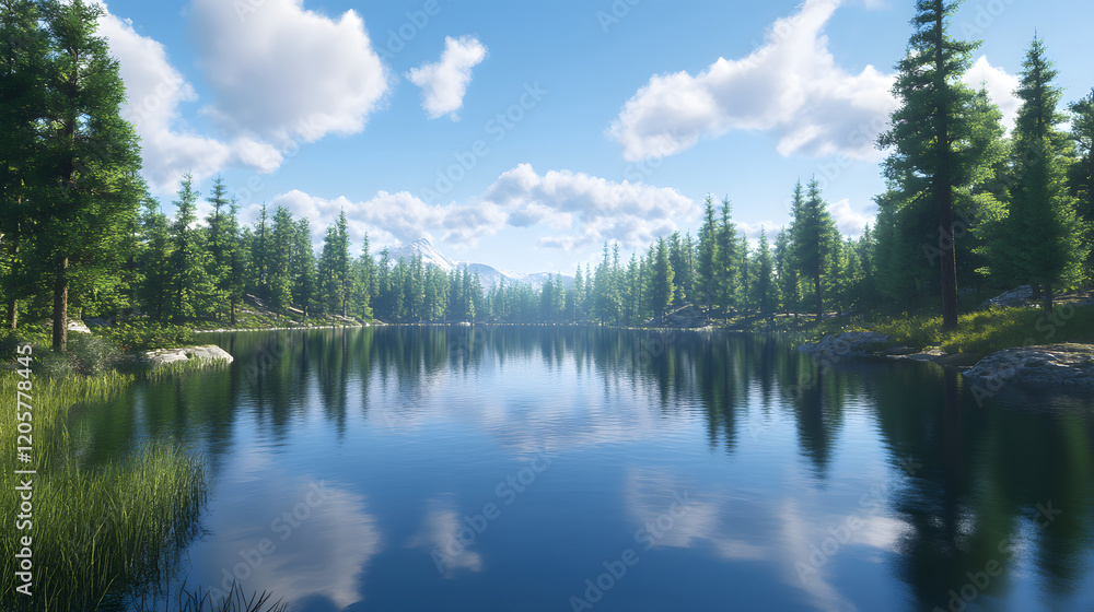 Obraz premium A serene lake surrounded by evergreen trees, reflecting the clear blue sky above, lake in the forest