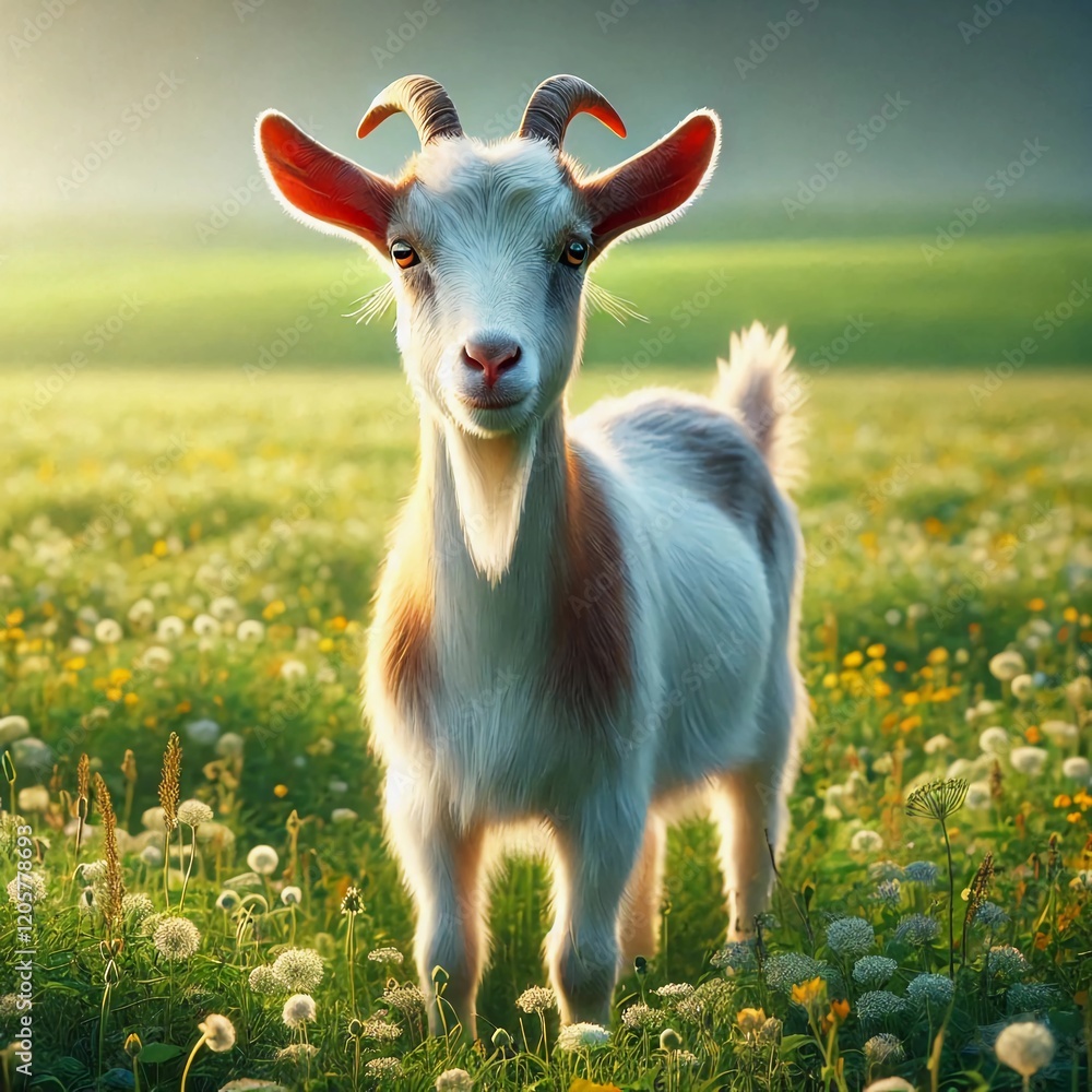 Obraz premium A goat with white fur stands in a field in the foreground
