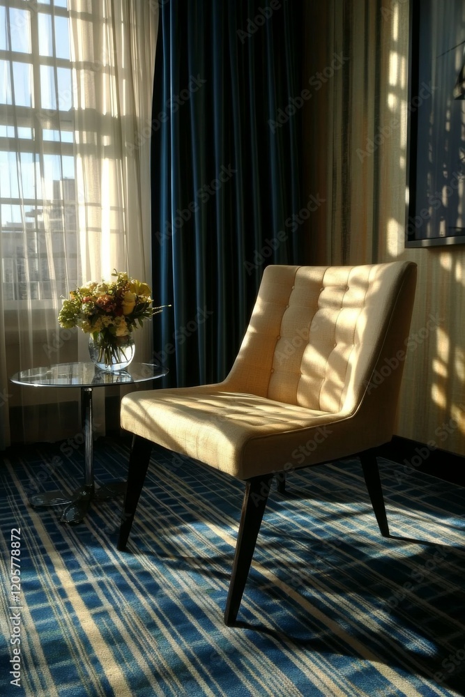 Fototapeta premium Modern, contemporary hotel room seating area in sleek design. Blue and beige tones, luxury lounge chair style. Soft window lighting.