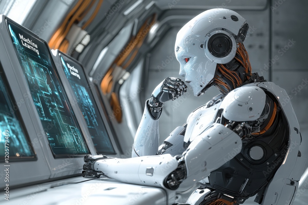 Fototapeta premium Humanoid robot analyzing futuristic data on computer screens in a high-tech environment