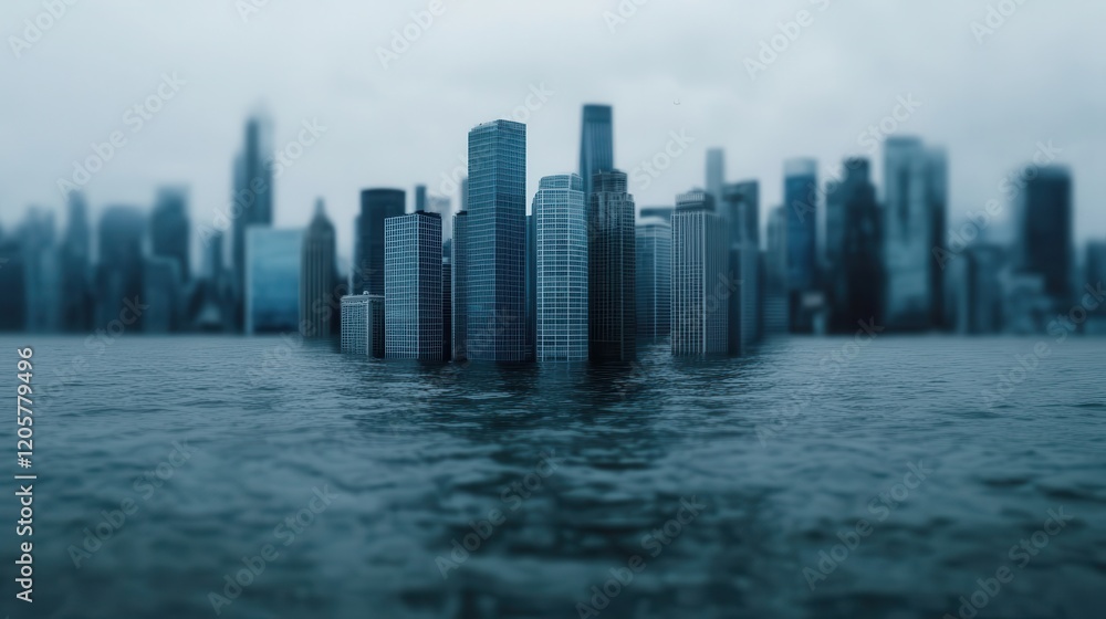 Fototapeta premium Climate change: Pollution and temperature rise. Flooded cityscape with skyscrapers partially submerged in water.