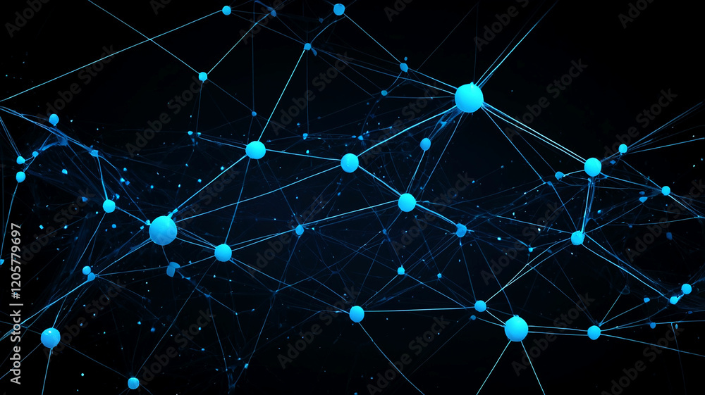 Obraz premium A visually stunning abstract image showcasing a complex network of interconnected light blue nodes against a deep black background.