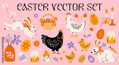 Easter holiday concept vector stickers design elements set. Collection of groovy funky cartoon illustration of white bunny, rabbit, chiken, eggs, traditional food, candles, spring flowers