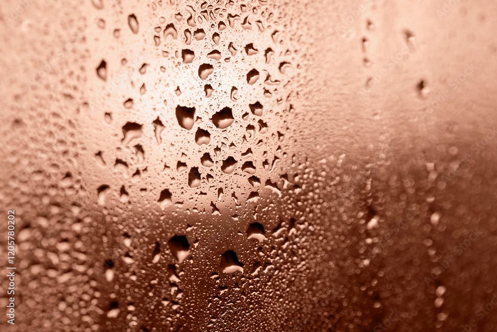 Drops on glass in glow of sunset close up, bokeh. Perfect Mocha brown background for your design and inspiration. Selective focus, defocus. Demonstrating color of 2025 year Drops on glass in glow of sunset close up, bokeh. Perfect Mocha brown background for your design and inspiration. Selective focus, defocus. Demonstrating color of 2025 year