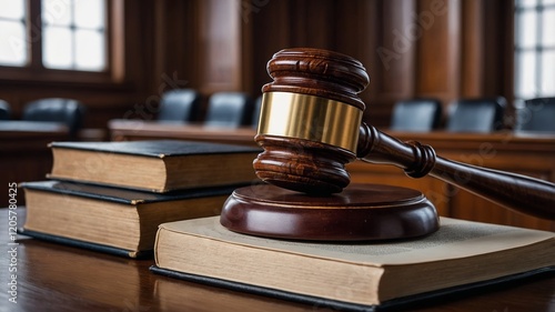 A majestic wooden gavel resting on an open law book with a blurred courtroom background, symbolizing law restriction and authority. photo