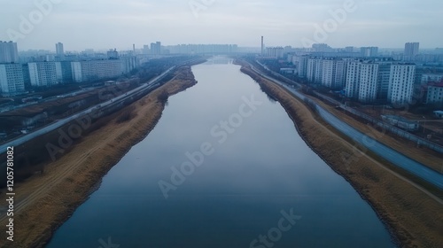 Wallpaper Mural Climate change: Pollution and temperature rise. Aerial view of a calm river bordered by urban buildings. Torontodigital.ca