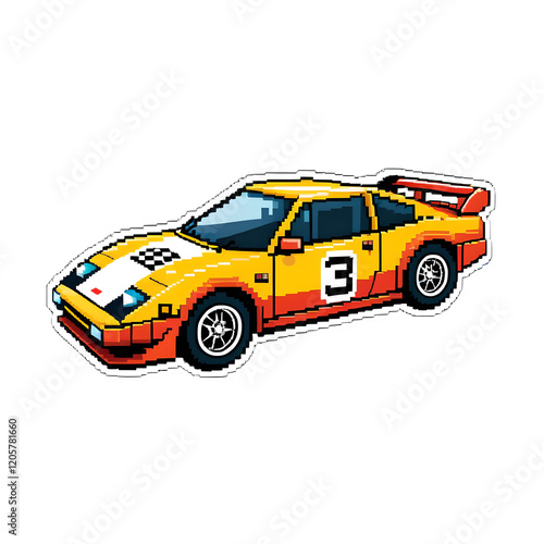 Retro Pixel Art Racing Car Sticker: Gaming Style, Contour Vector Design on White Background