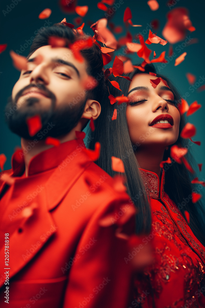A young couple, dressed in vibrant red, is showered with rose petals. Romantic and passionate. A young couple, dressed in vibrant red, is showered with rose petals. Romantic and passionate.