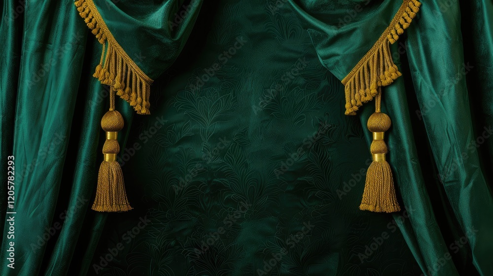 Fototapeta premium Elegant emerald green curtains with gold tassels. Create a classic and elegant atmosphere. suitable for decoration