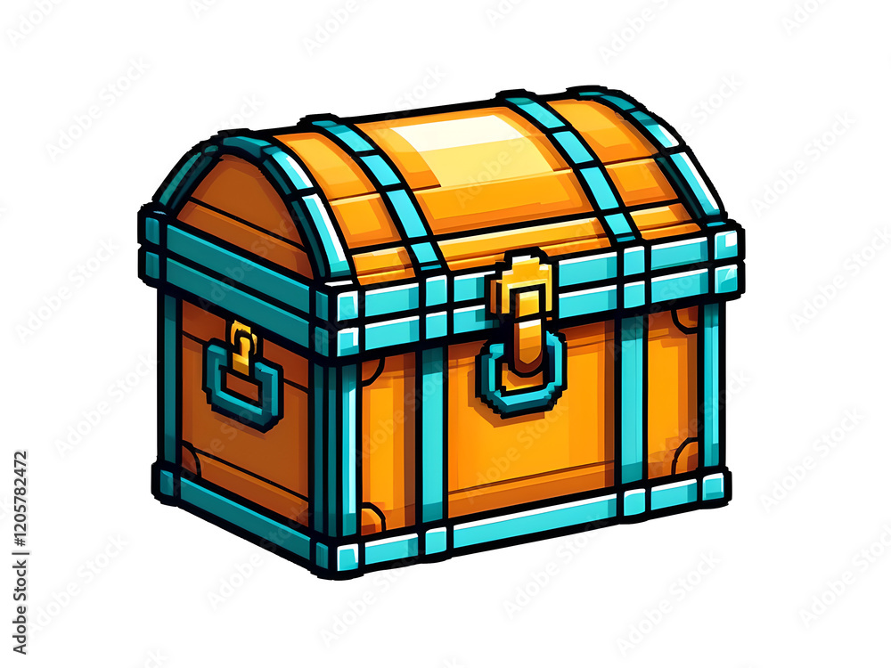 Retro Pixel Art Treasure Chest Sticker: Gaming Style, Contour Vector Design on White Background