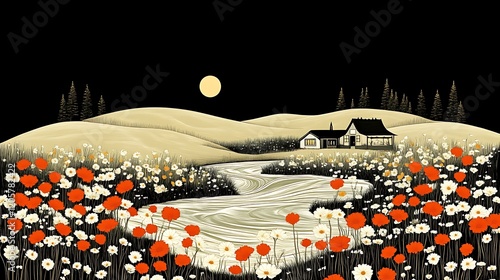 Serene Nighttime Cottage Landscape With Blooming Flowers