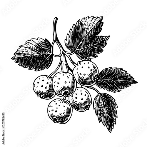 Illustration of a fruiting branch with leaves depicting multiple berries in detailed black and white. Generative AI