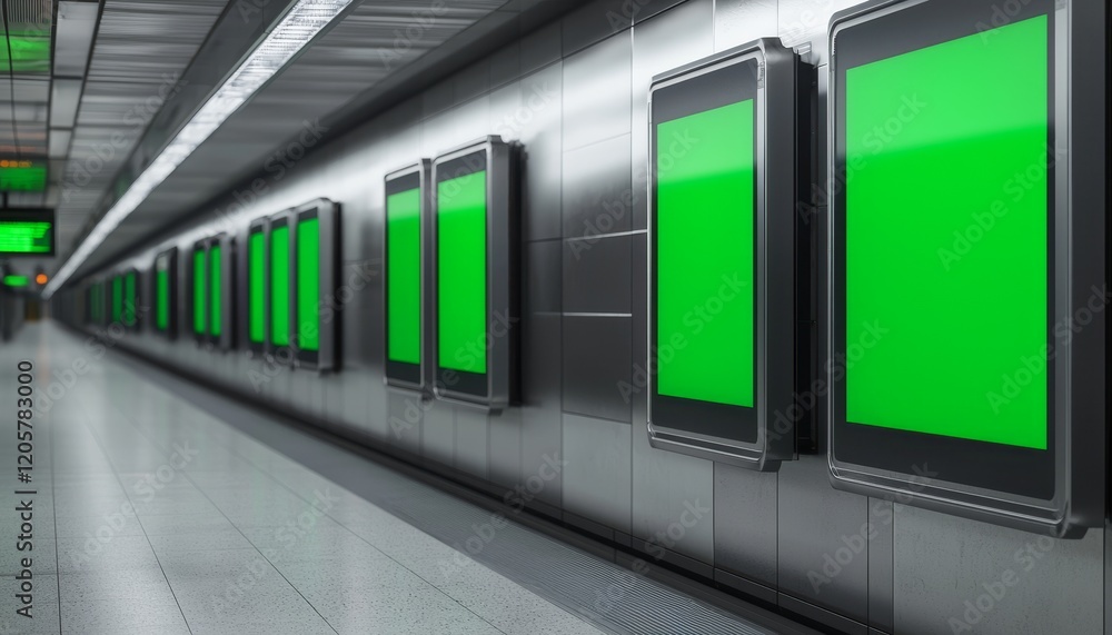 A modern subway station corridor featuring multiple blank digital screens with vibrant green backgrounds, creating an empty yet high-tech atmosphere. A modern subway station corridor featuring multiple blank digital screens with vibrant green backgrounds, creating an empty yet high-tech atmosphere.