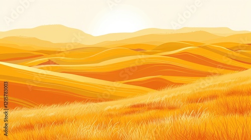 Golden desert landscape with sand dunes.