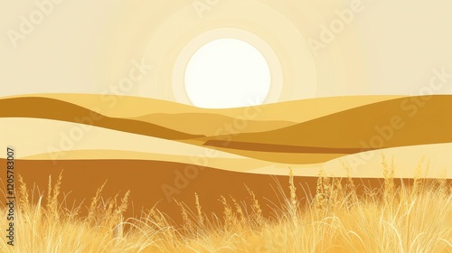 Golden desert landscape with sand dunes.